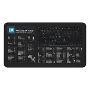 Top view of Autodesk Maya shortcut desk mat displaying essential keyboard commands for 3D animation. Ideal for animators and 3D artists.