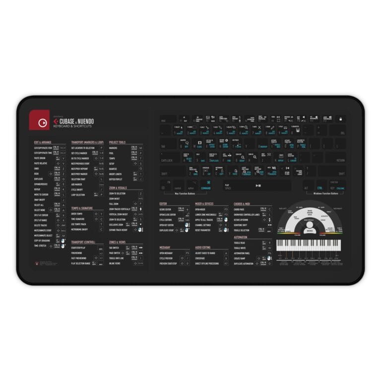 Top view of Cubase shortcut desk mat displaying essential keyboard commands for music production.