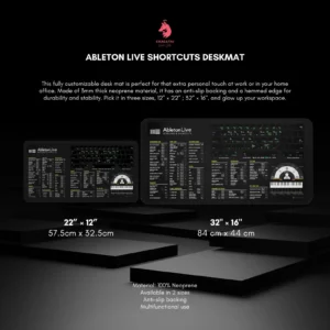 Close-up of shortcut layout on the Ableton keyboard mat. Designed for faster workflows during editing and track creation.