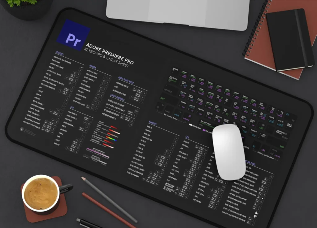 Premiere Pro Shortcuts Deskmat displaying essential keyboard commands.