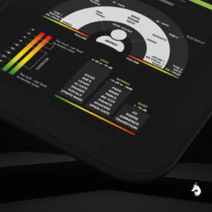 Close-up of mixing reference desk mat highlighting key functions for streamlined mixing workflows