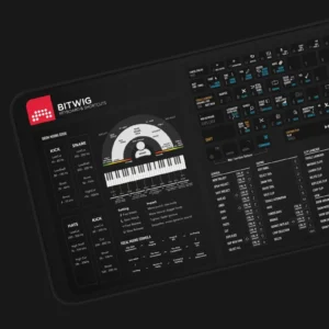 Bitwig Studio desk mat positioned with a keyboard, showcasing its practical design for producers and engineers.