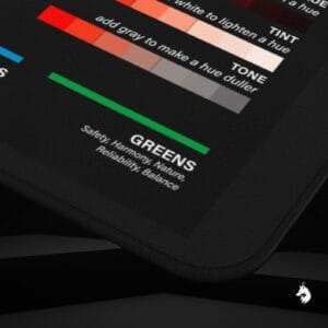 Color theory desk mat placed in a professional studio setup, enhancing workflow efficiency for design projects.