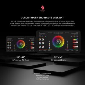 Color theory desk mat positioned with a keyboard, showcasing its practical design for designers and creatives.