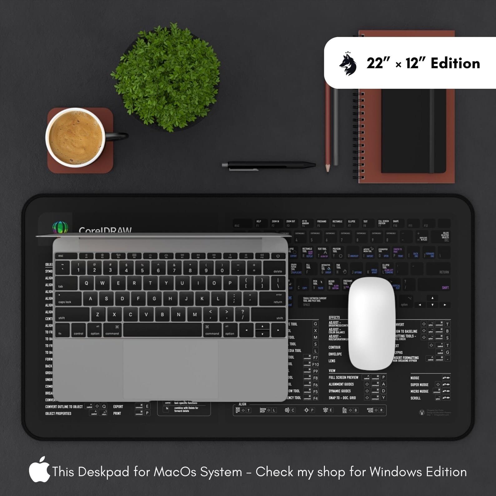 The CorelDRAW Mac desk mat paired with a Mac keyboard and mouse for optimal desktop setup