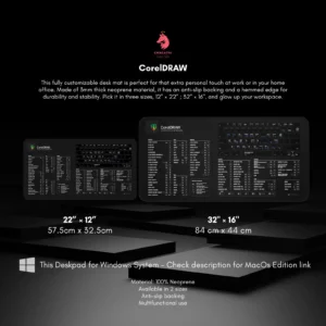 The CorelDRAW Windows desk mat placed with a keyboard and mouse on a modern PC desk setup.