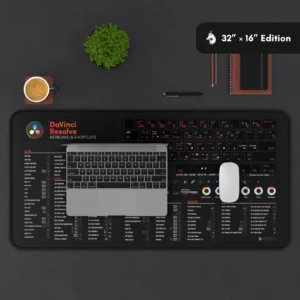 DaVinci Resolve shortcut reference mat used in conjunction with video editing tools and software.