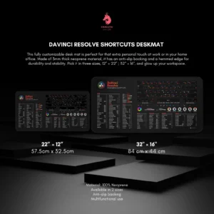 Close-up of DaVinci Resolve keyboard shortcut mat highlighting key functions for efficient editing workflows