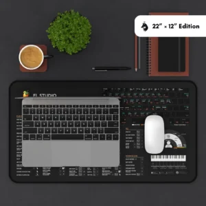FL Studio desk mat positioned with a keyboard, showcasing its practical design for producers and engineers.