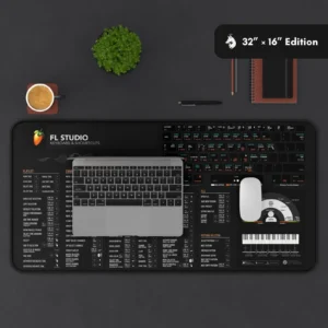 Close-up of FL Studio keyboard shortcut mat highlighting key functions for streamlined production workflows.