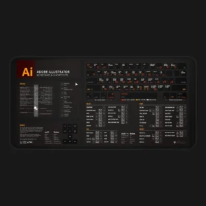 Top view of Adobe Illustrator shortcut desk mat with essential keyboard commands for graphic designers. Perfect for improving design workflow