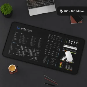 Packaging of the audio mixing cheat sheet mat, indicating premium quality and design tailored for professionals
