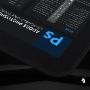 High-detail view of Photoshop hotkeys on the keyboard mat, boosting design workflow