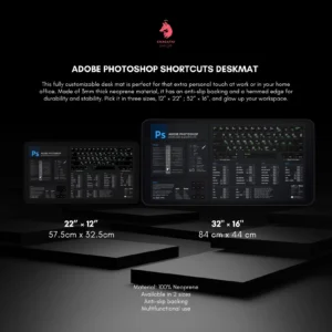 High-detail view of Photoshop hotkeys on the keyboard mat, boosting design workflow.