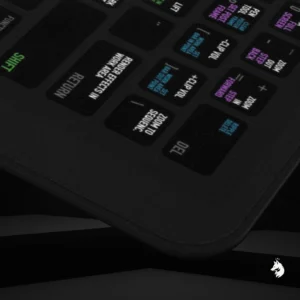 Premiere Pro desk mat placed in a professional studio setup, enhancing workflow efficiency for editing projects