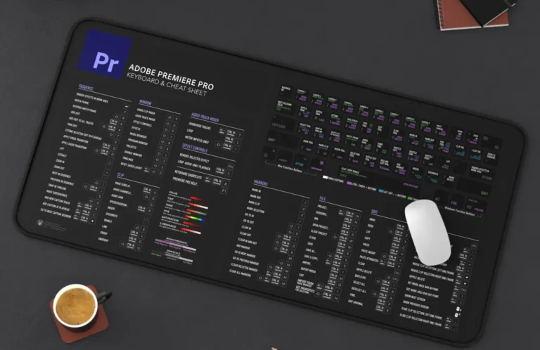 Adobe Premiere Pro keyboard shortcuts printed on a durable desk mat
