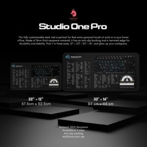 Studio One Pro desk mat positioned with a keyboard, showcasing its practical design for producers and engineers