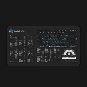 Studio One Pro desk mat placed in a professional studio setup, enhancing workflow efficiency for music projects.