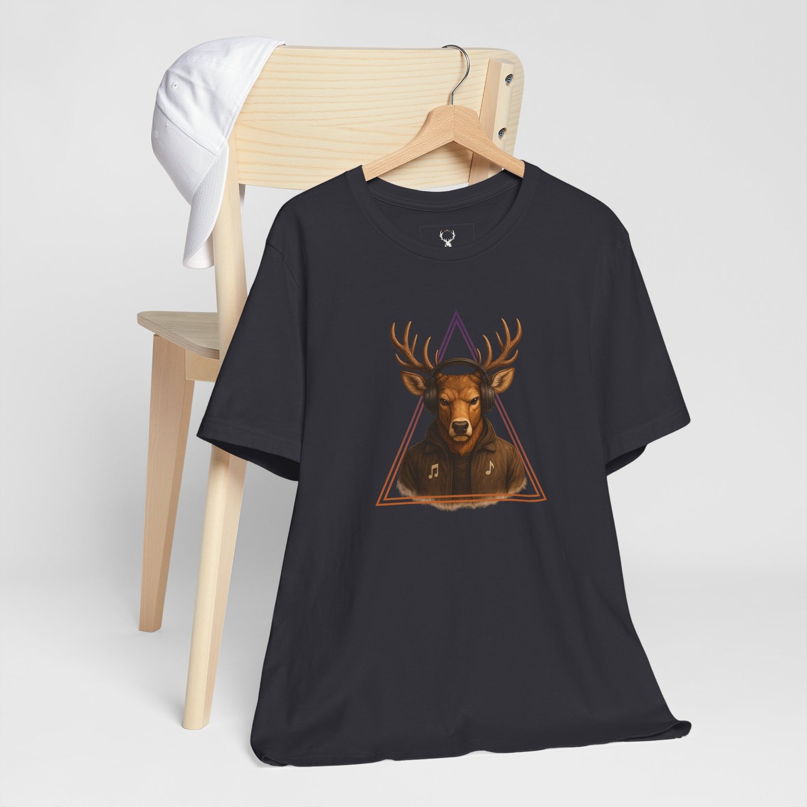 Deer DJ Graphic Shirt featuring bold EDM-inspired triangle headphone design.