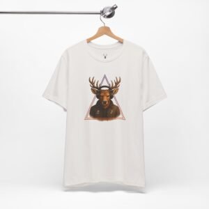 Close-up of Deer DJ T-Shirt graphic design with bold triangle and headphones for EDM fans.