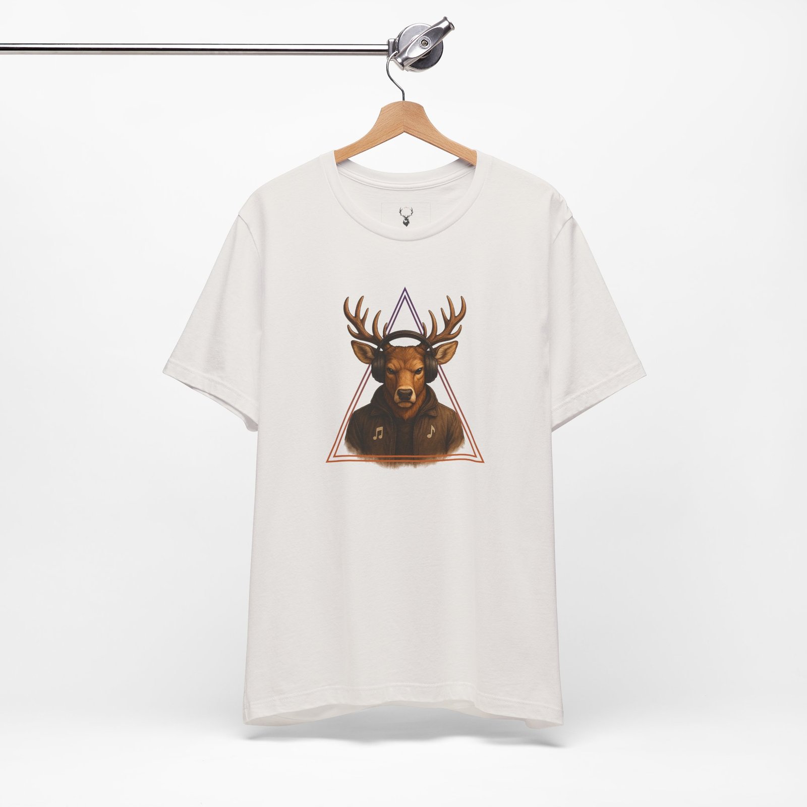 Close-up of Deer DJ T-Shirt graphic design with bold triangle and headphones for EDM fans.