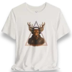 White Deer DJ T-Shirt with headphones and triangle design, EDM festival graphic tee for DJs and ravers.