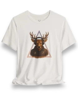 White Deer DJ T-Shirt with headphones and triangle design, EDM festival graphic tee for DJs and ravers.