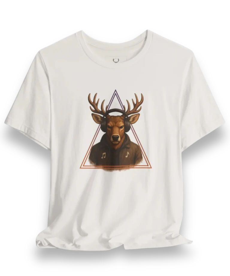 White Deer DJ T-Shirt with headphones and triangle design, EDM festival graphic tee for DJs and ravers.