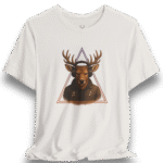 White Deer Headphones Graphic Tee featuring audiophile-inspired artwork with a majestic deer wearing headphones inside a triangle.