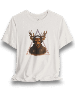 White Deer Headphones Graphic Tee featuring audiophile-inspired artwork with a majestic deer wearing headphones inside a triangle.