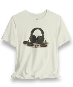Headphone Artwork T-Shirt with bold conceptual headphone design, made for DJs, producers, and music lovers in streetwear culture.