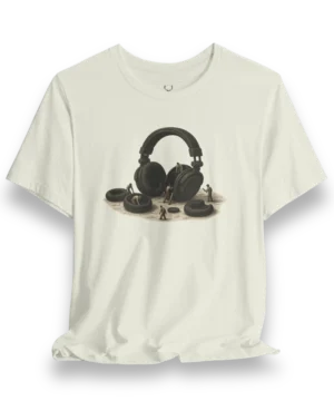 Headphone Artwork T-Shirt with bold conceptual headphone design, made for DJs, producers, and music lovers in streetwear culture.