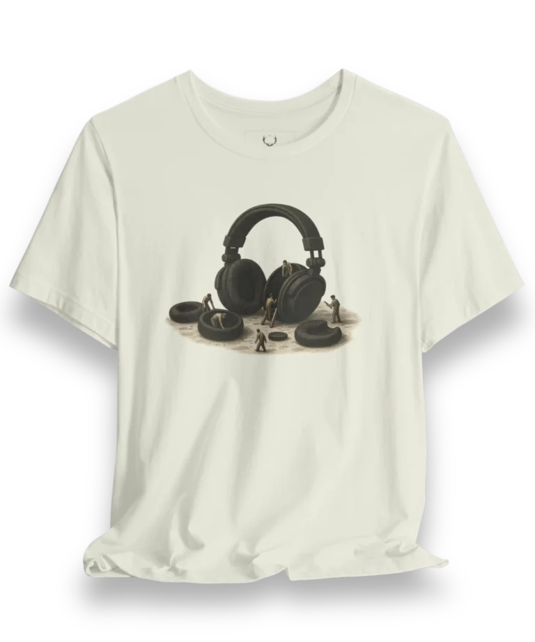 Headphone Artwork T-Shirt with bold conceptual headphone design, made for DJs, producers, and music lovers in streetwear culture.