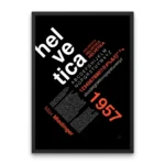 Helvetica typography poster with alphabet, numbers, and symbols in diagonal layout on black background.