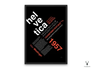 Helvetica typography poster with alphabet, numbers, and symbols in diagonal layout on black background.
