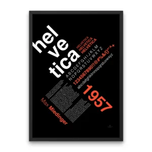 Helvetica typography poster with alphabet, numbers, and symbols in diagonal layout on black background.