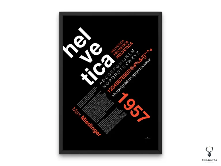 Helvetica typography poster with alphabet, numbers, and symbols in diagonal layout on black background.