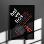 Close-up of Helvetica font poster showing precise kerning and modernist spacing with 1957 tribute.