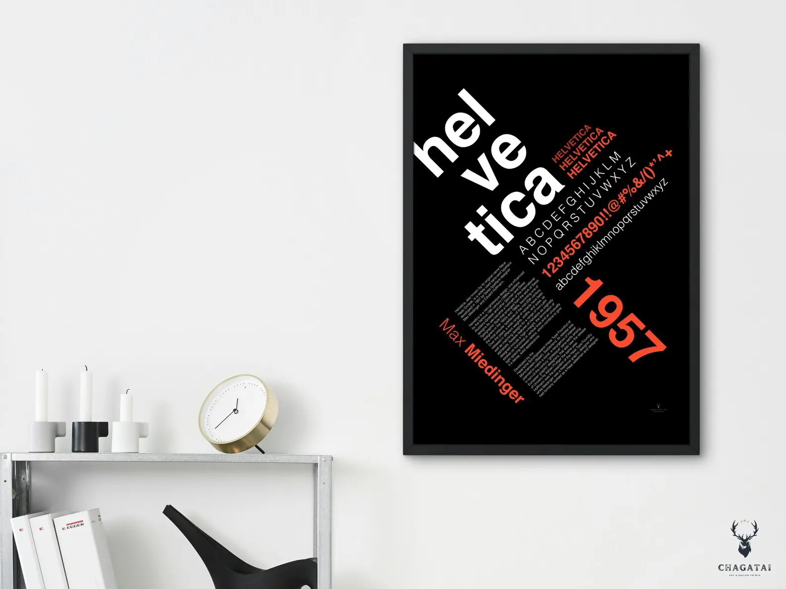Modern typography wall art featuring white Helvetica on black with orange accents.