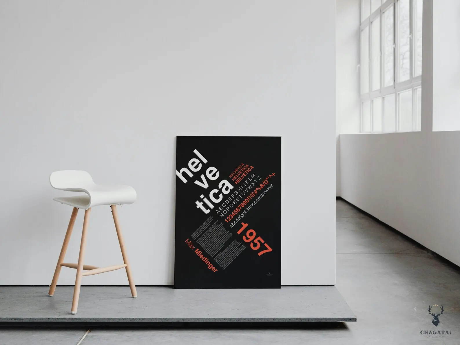 Helvetica alphabet poster showing A–Z, numbers, and punctuation in high-contrast layout.