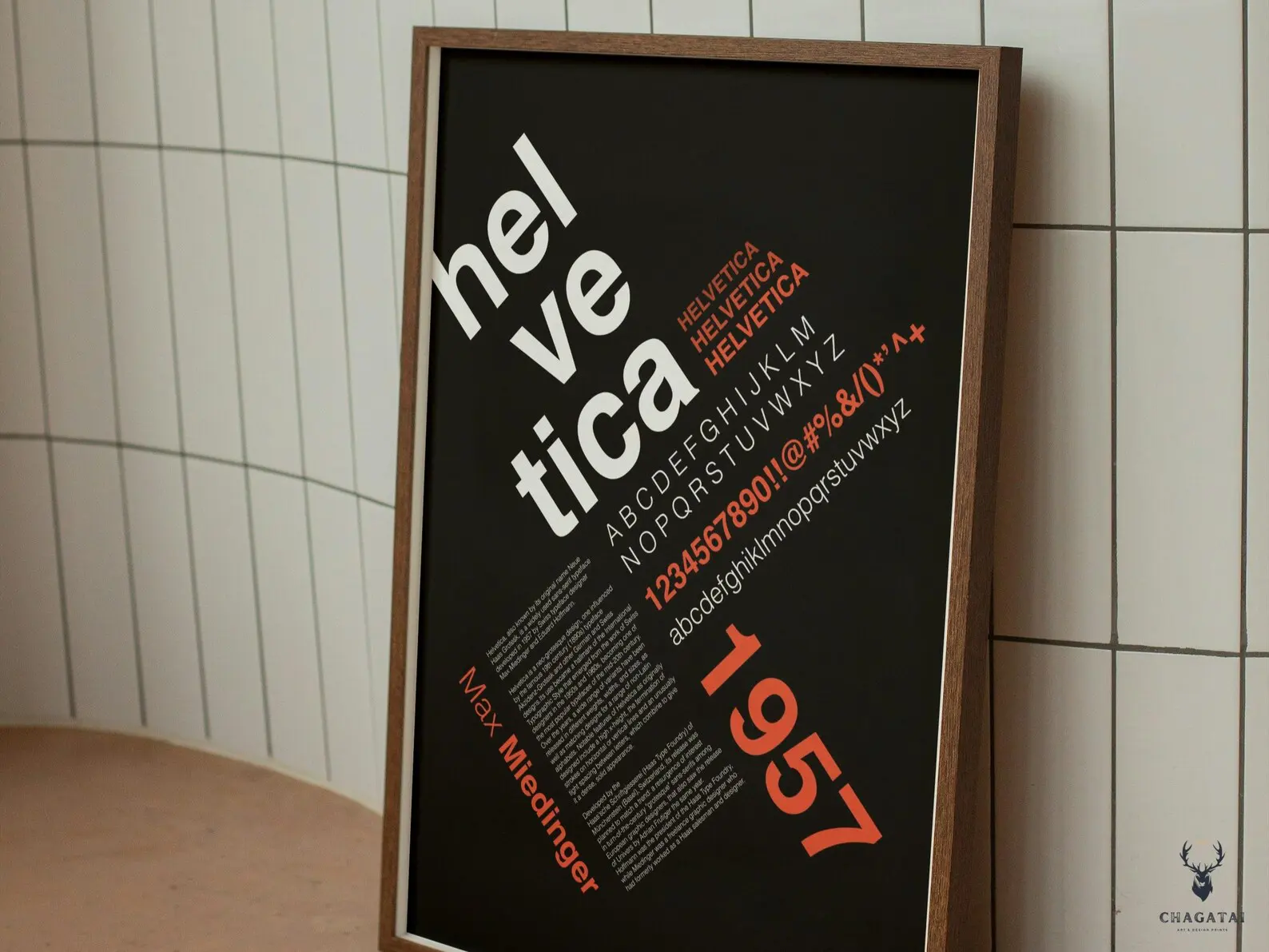 Helvetica poster on black background with modernist Swiss design composition.