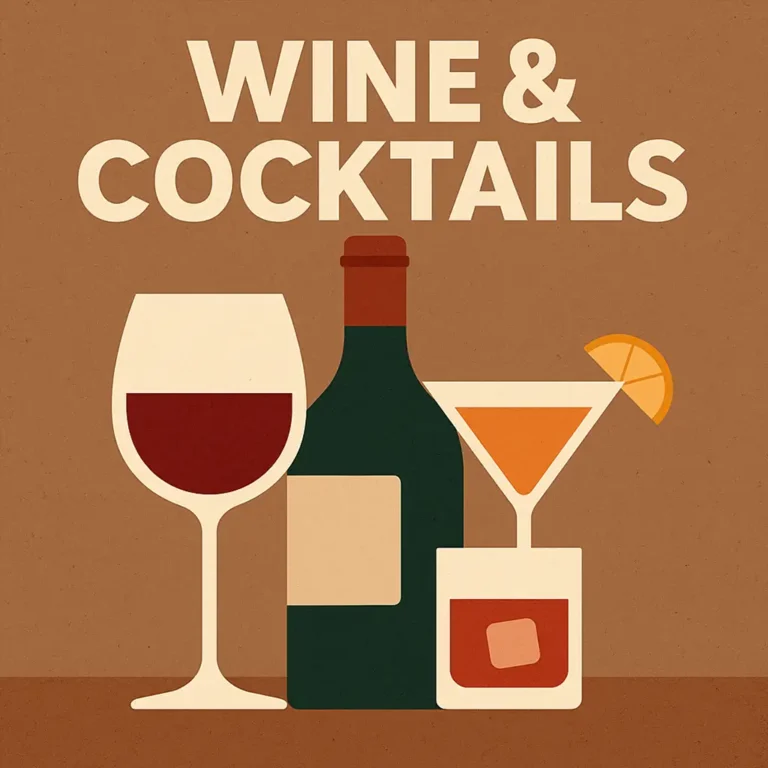 Wine and Cocktails Guide poster with wine chart and food pairing tips.