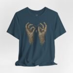 EDM rave outfit T-shirt with mummy hands illustration, blending gothic vibes and techno streetwear.