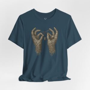 EDM rave outfit T-shirt with mummy hands illustration, blending gothic vibes and techno streetwear.