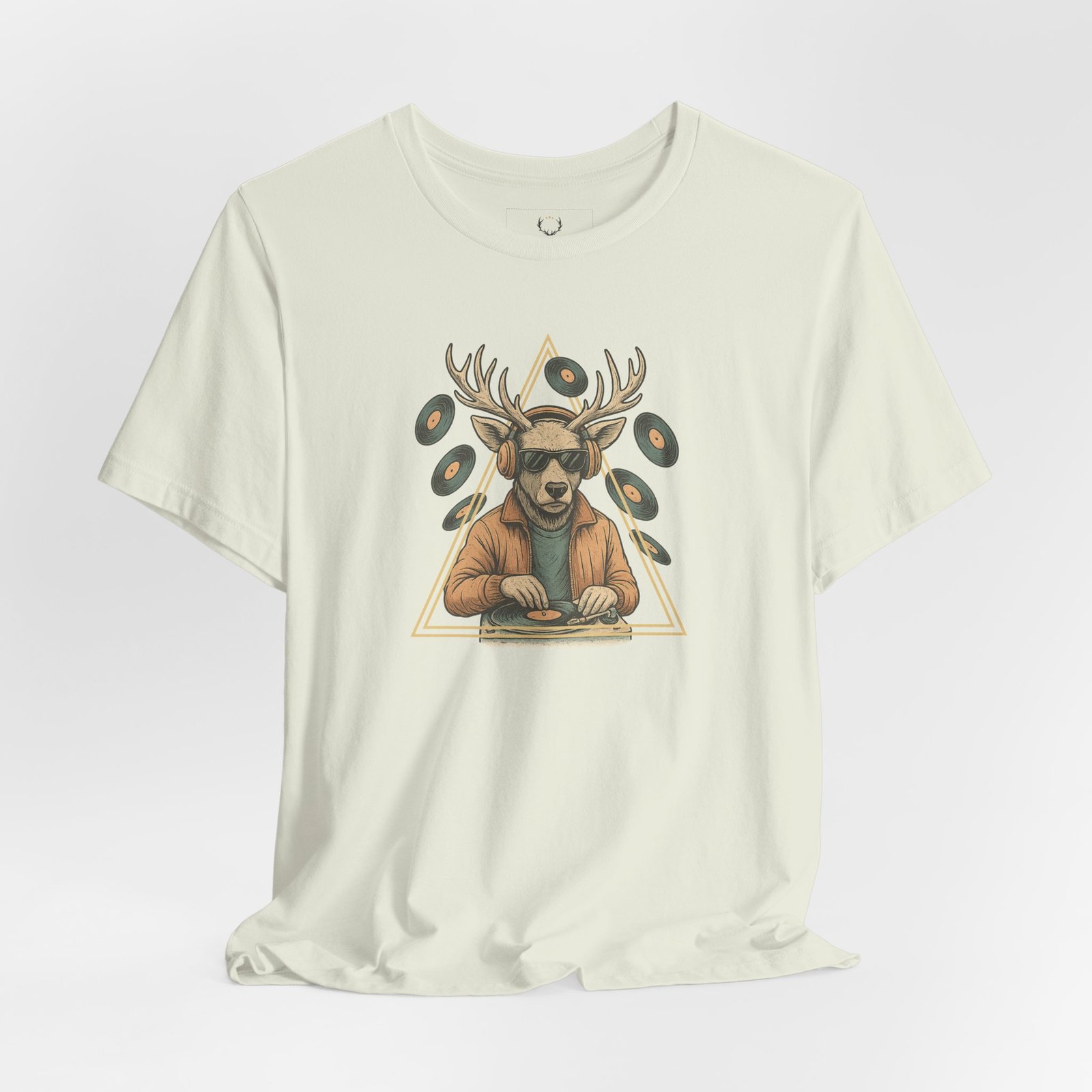 Deer DJ Graphic T-Shirt designed for EDM festivals and rave culture, featuring vinyl artwork and streetwear DJ fashion.