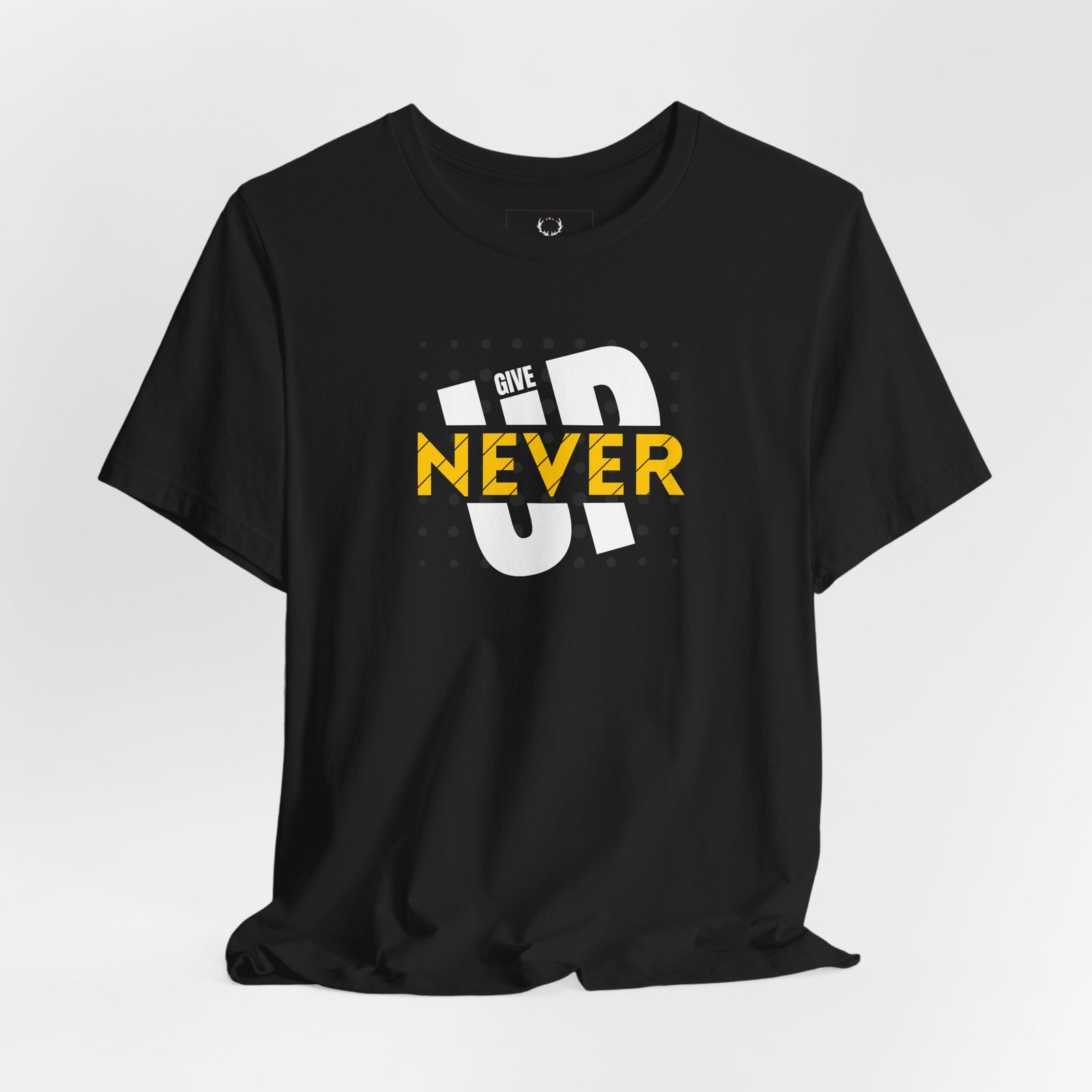 Inspirational Never Give Up T-Shirt for athletes, gym lovers, and streetwear fans. Motivational graphic tee in bold black design.