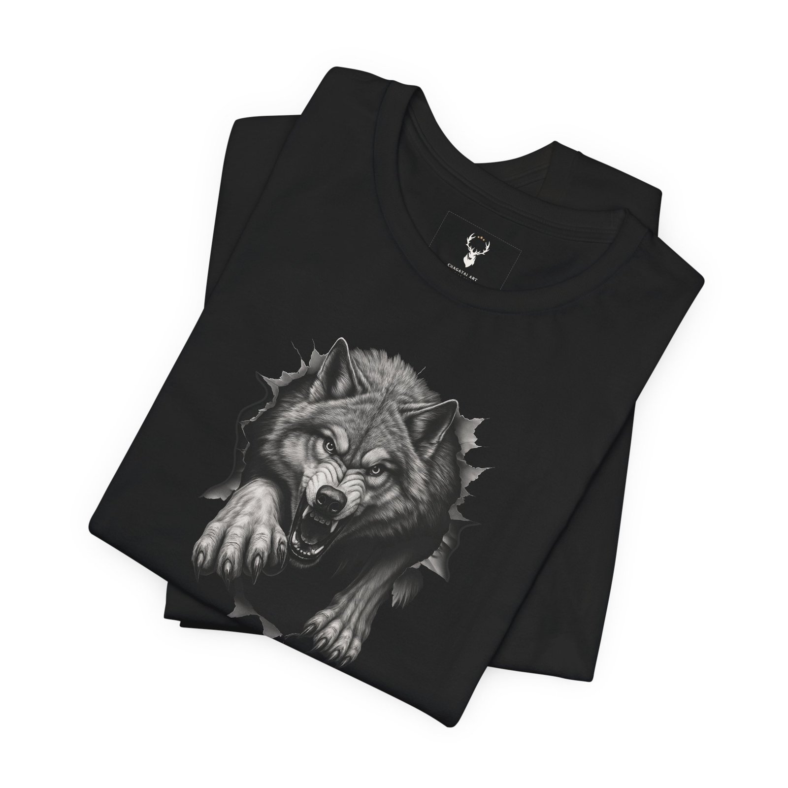 Fierce wolf graphic tee featuring gothic wolf illustration with powerful streetwear edge for bikers and gothic fans.
