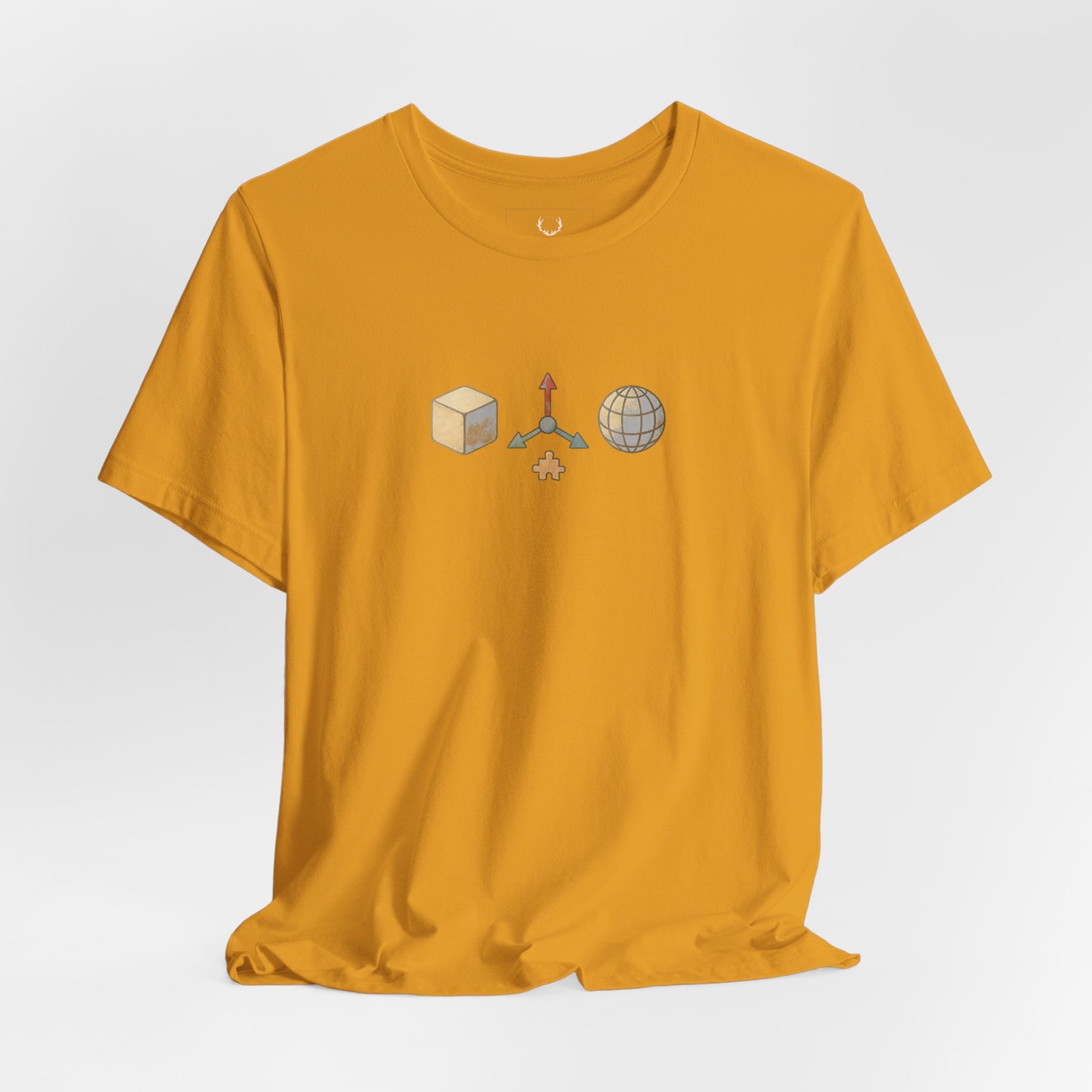 Blender-inspired 3D Designer T-Shirt with cube and axis icons for modeling, sculpting, rendering, and 3D printing artists.