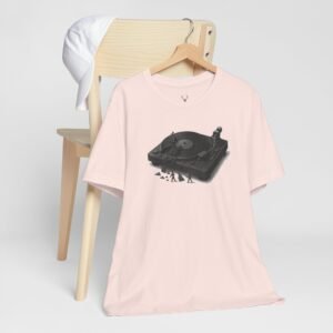 EDM rave culture graphic t-shirt with vinyl record player and DJ turntable design.