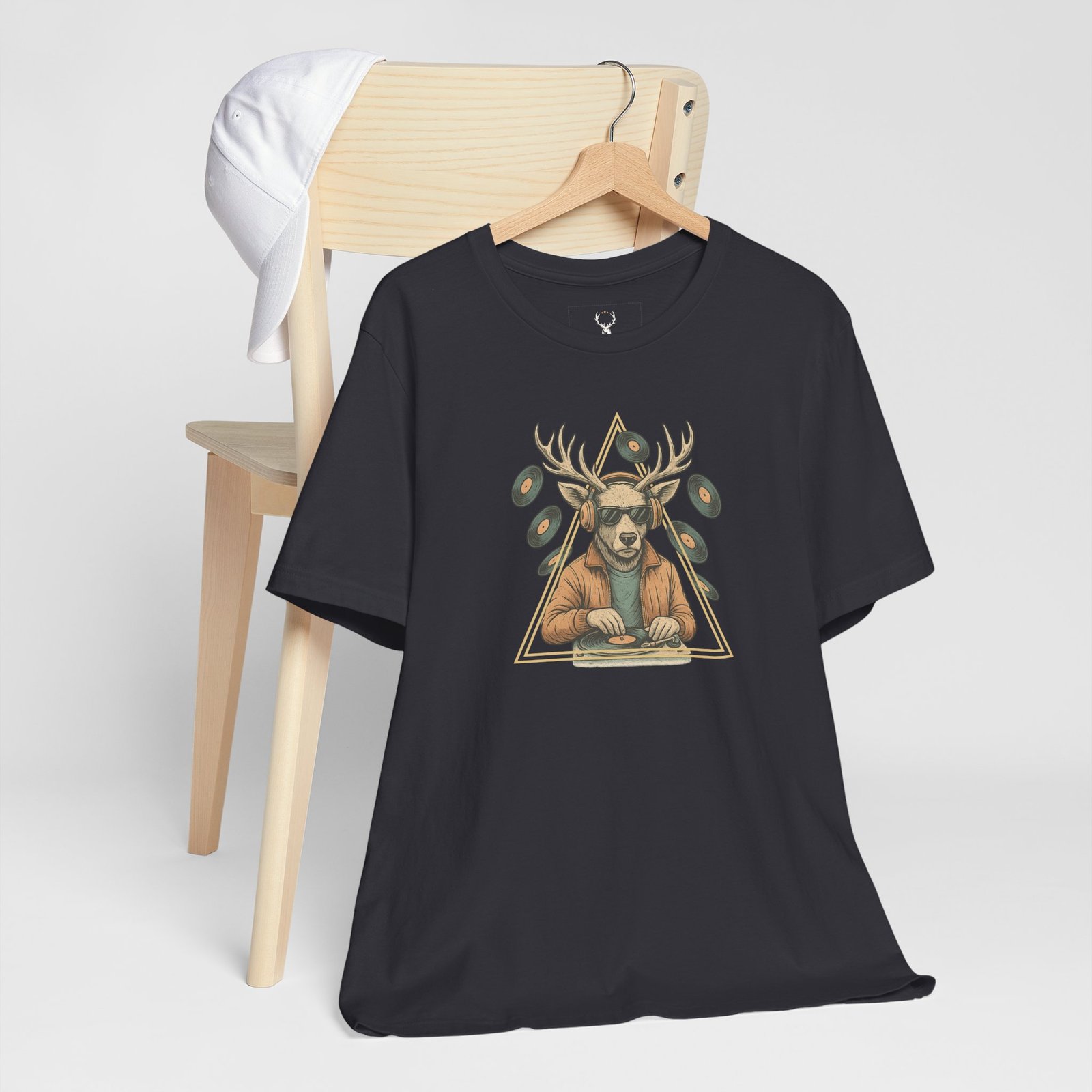 EDM streetwear Deer DJ Graphic T-Shirt with vinyl artwork – rave fashion tee for music festivals and electronic culture.